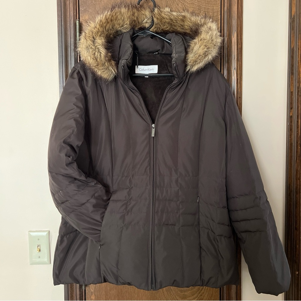 Calvin Klein Dark Brown Puffer Coat with Faux Fur Trim